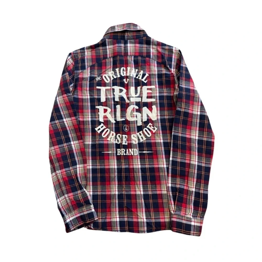 True Religion Plaid Pearl Snap With Pocket Logo & Large Graphic Youth Large Shrt